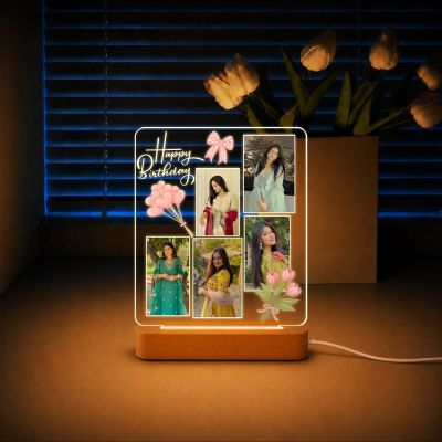 Happy Birthday LED Photo Collage Lamp for Girls & Women Personalized Birthday Photo Frame Night Light with 5 Photo  Warm White Decorative Table Lamp & Birthday Gift